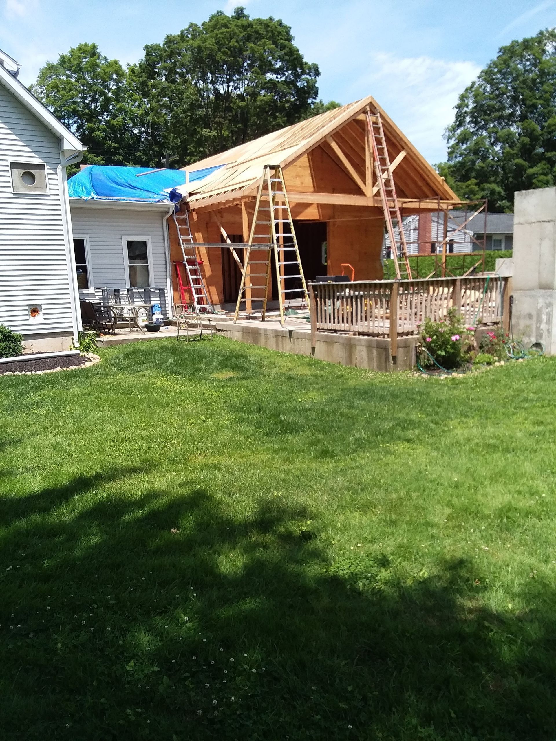 Construction of a wooden structure, with ladders, against a blue-tarped house on a sunny day. Green grass in the foreground.