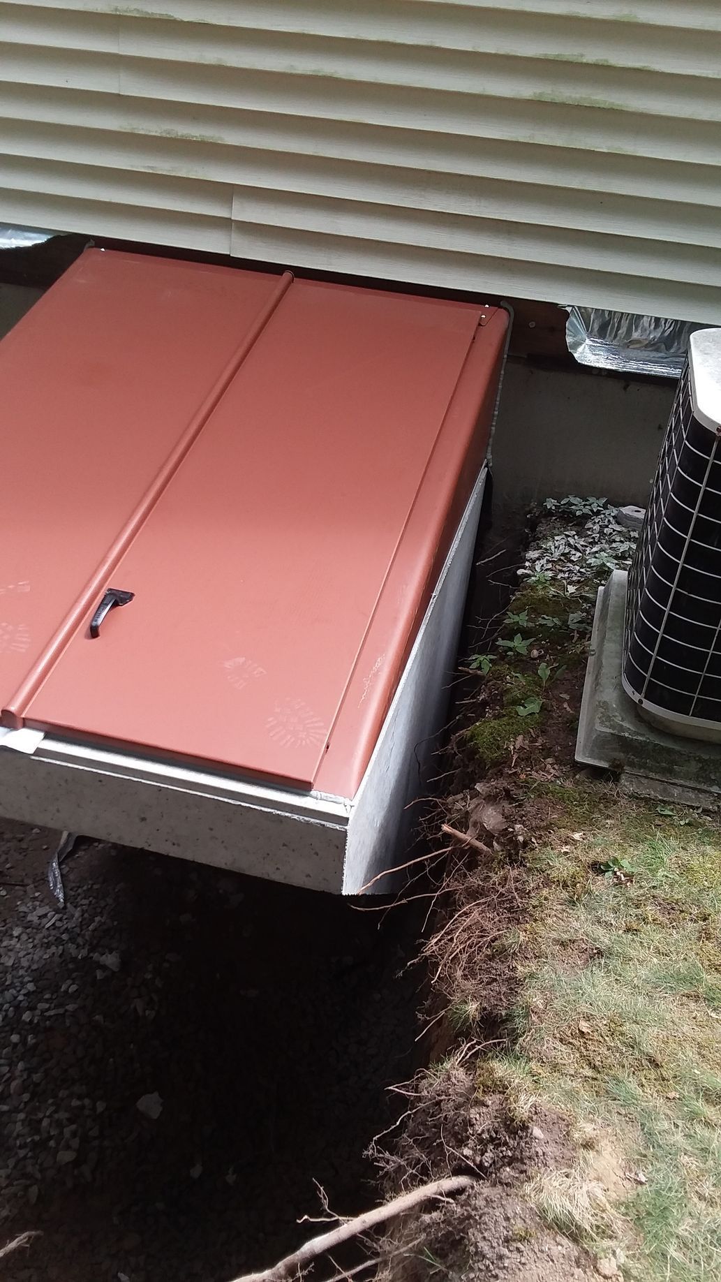 Red cellar door at ground level, next to a building's foundation and an air conditioning unit. Dirt and grass surround it.