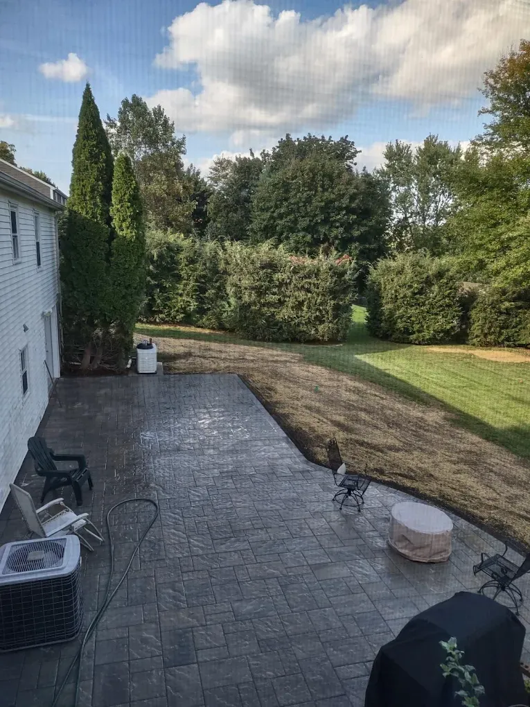 Backyard patio with paved area, green grass, and trees under a cloudy sky.