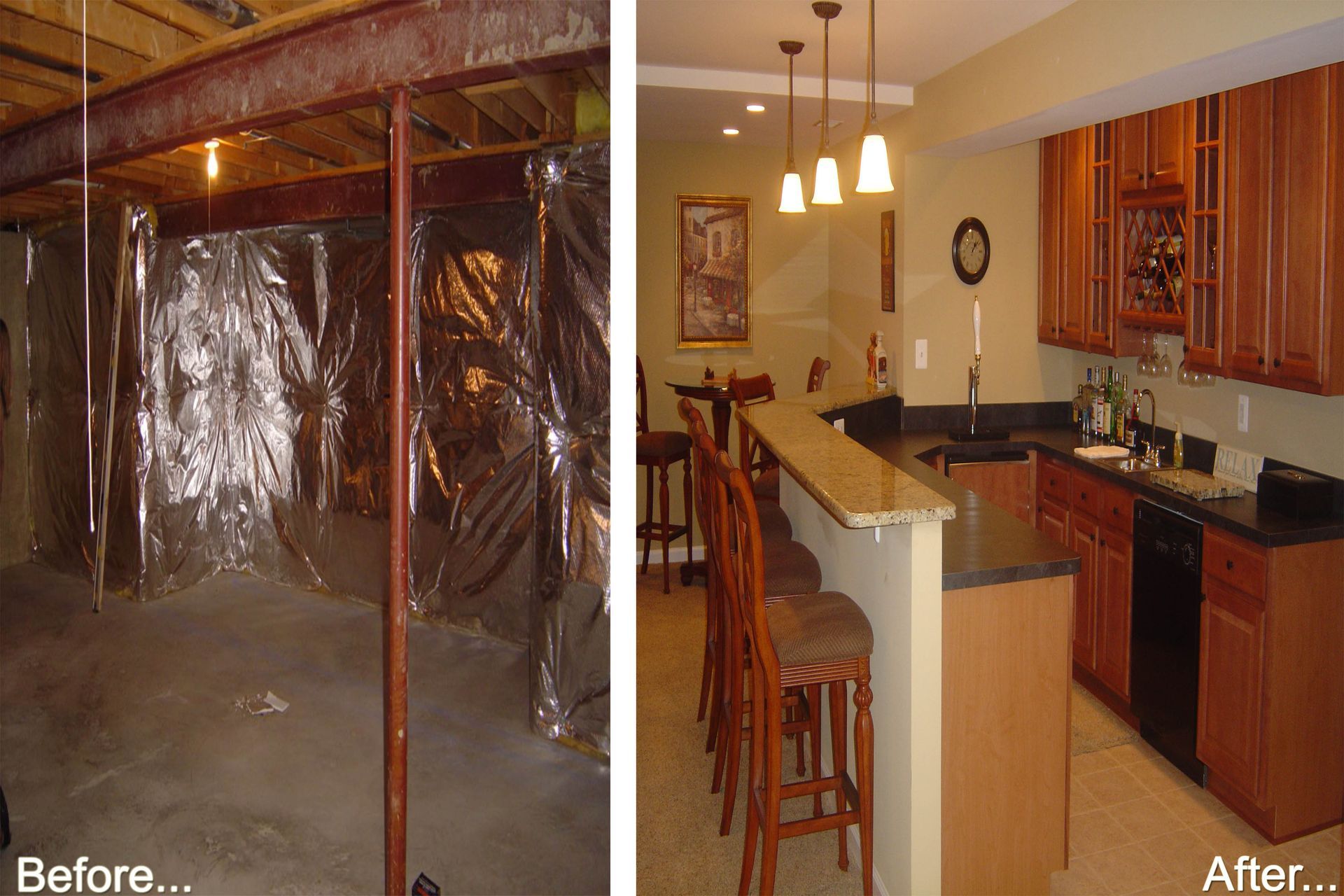 Before/after of a basement remodel. Left: unfinished basement. Right: finished kitchen with bar and cabinets.