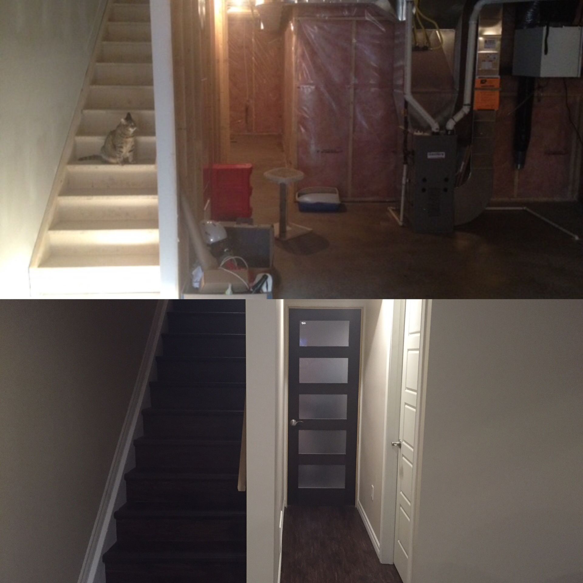 Before and after photos of a basement renovation: stairs and hallway transformed with new flooring and paint.