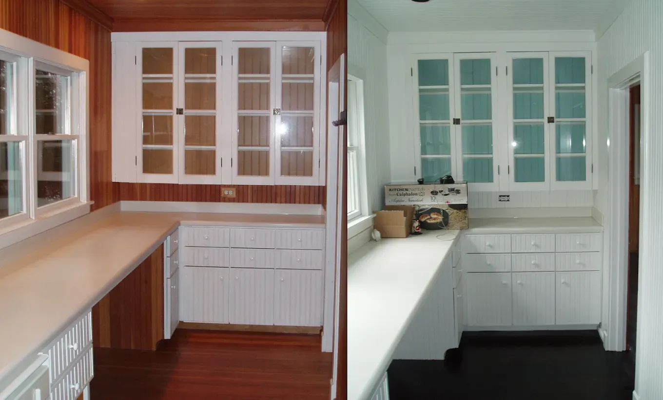 Side-by-side view of a kitchen before and after a renovation, with white cabinets and countertops.