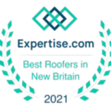 Expertise.com award: Best Roofers in New Britain, 2021. Turquoise and white logo with laurel wreath.
