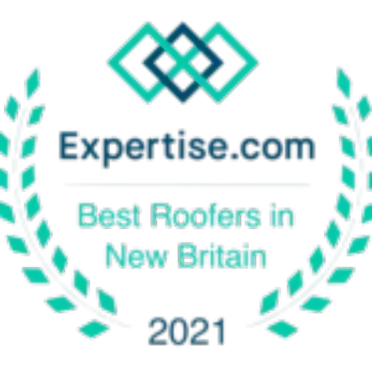 Expertise.com award: Best Roofers in New Britain, 2021. Turquoise and white logo with laurel wreath.