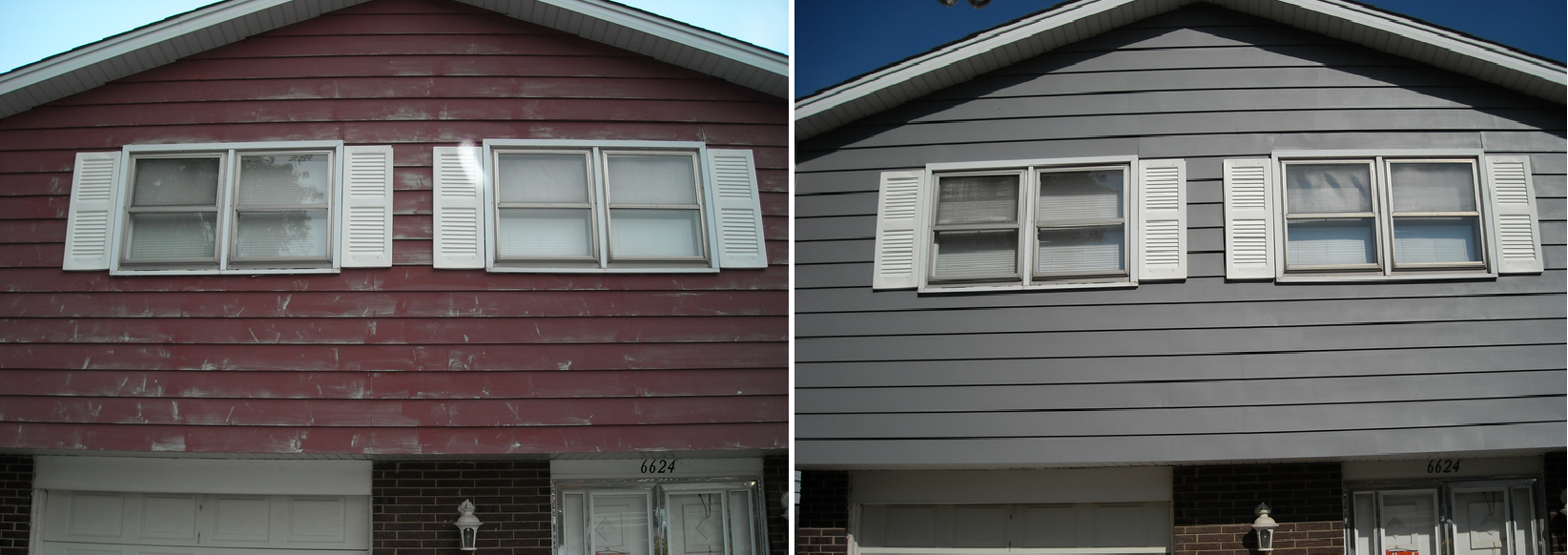 Side-by-side comparison of a house exterior before and after a repaint. The before side is red, the after is gray.