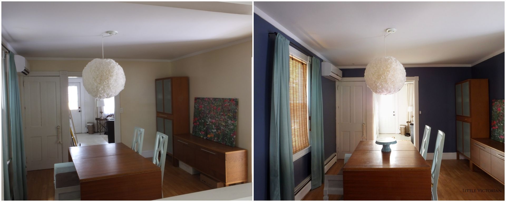 Two dining room interiors, one with white walls and one with blue walls, both with a dining table and light fixture.