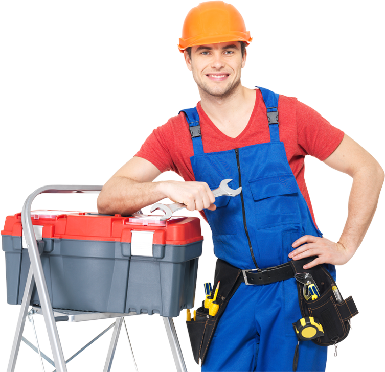 A man wearing an orange hard hat is holding a wrench