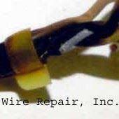 A close up of a wire repair inc. logo on a white background.