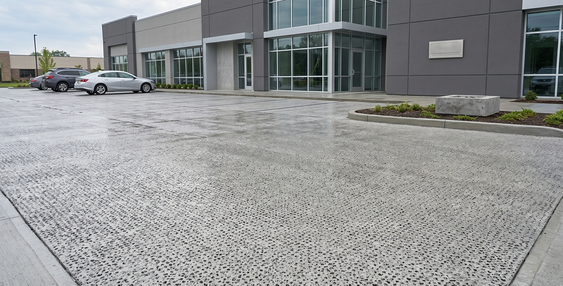 Islip Concrete Masters truck parked beside active driveway installation project