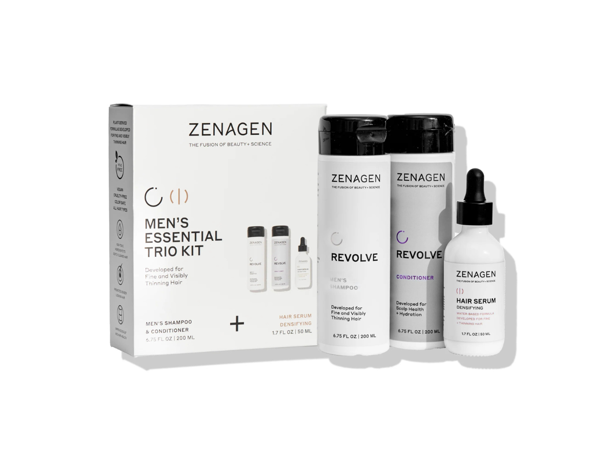 A Zenagen Men's Essential THC Kit, featuring a white box, two bottles, and one dropper bottle against a white background.