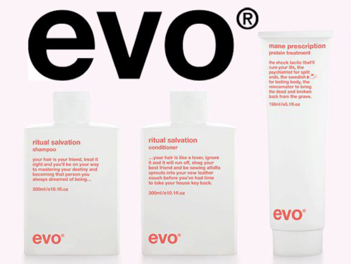 Three white bottles of Evo hair care products labeled Ritual Salvation shampoo, conditioner, and Mane Prescription.