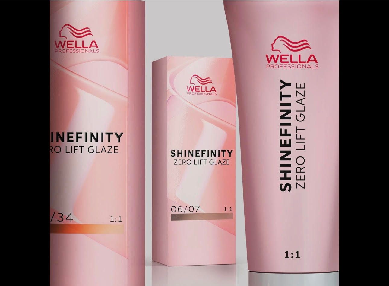 Three pale pink Wella Professionals Shinefinity Zero Lift Glaze product tubes and boxes arranged on a white background.