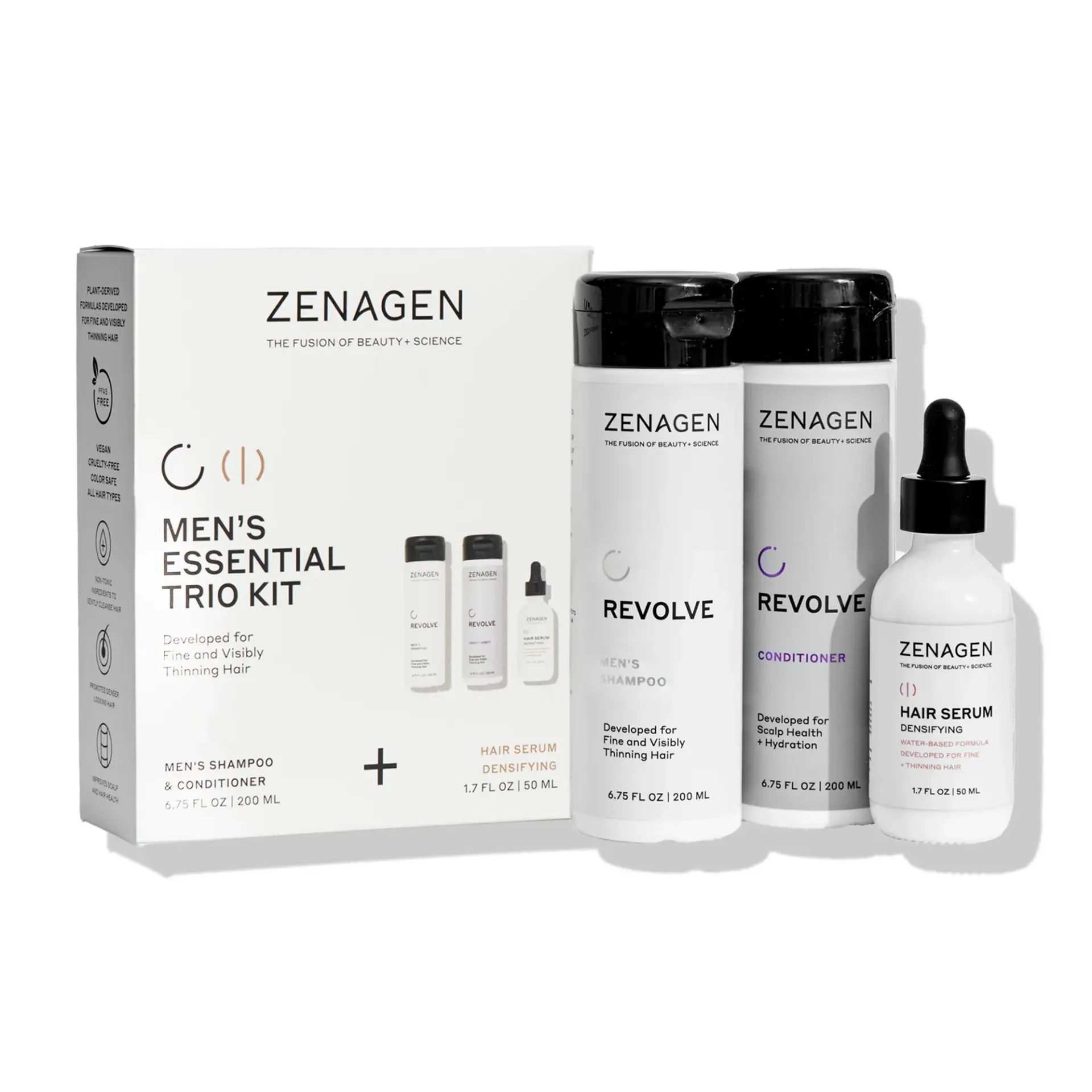 A Zenagen Men's Essential Trio Kit featuring a white box, two Revolve shampoo and conditioner bottles, and a serum dropper.