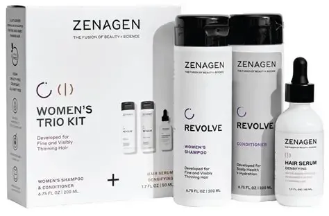 Zenagen Revolve Women’s Trio Kit featuring shampoo, conditioner, and hair serum in white and black branding.