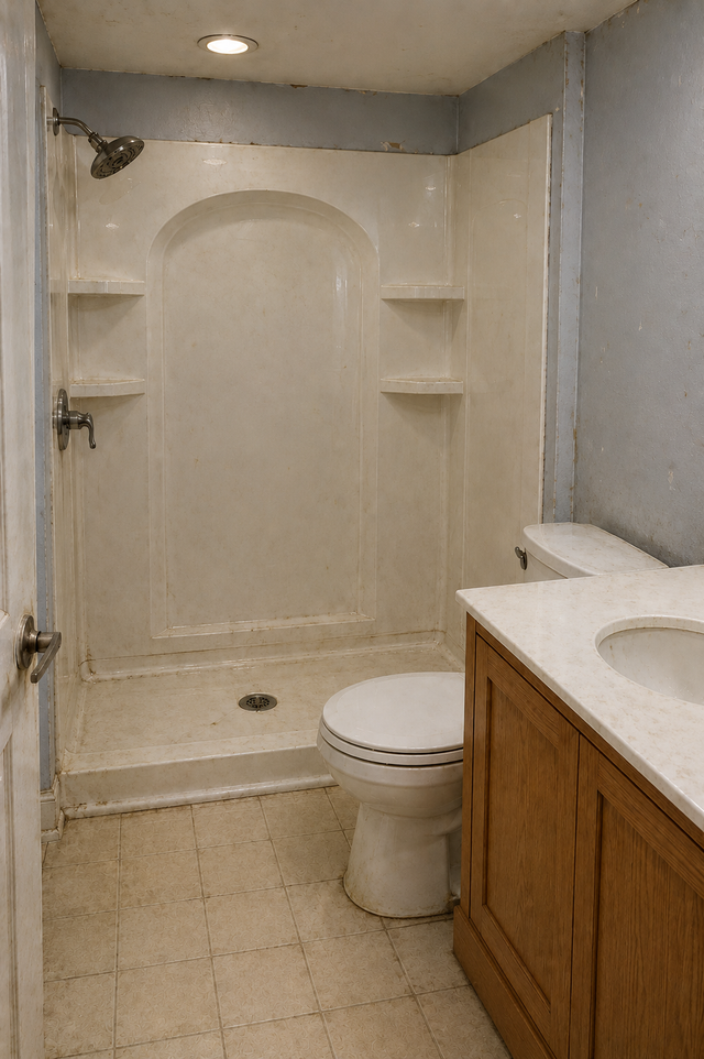 Small beige bathroom with a white vanity, mirror, toilet, and bathtub/shower combo.