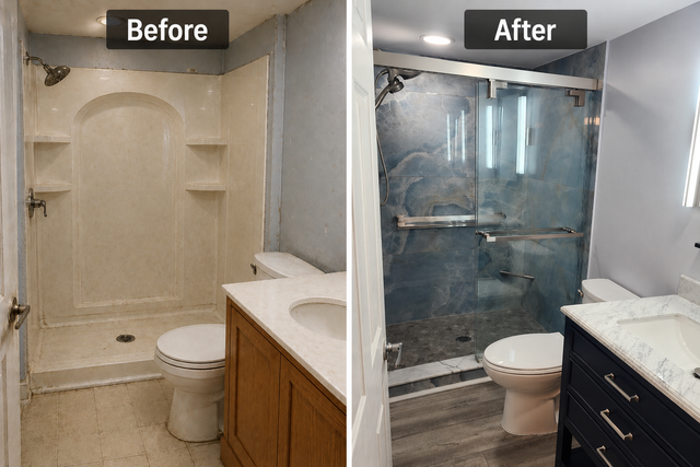 Small beige bathroom with a white vanity, mirror, toilet, and bathtub/shower combo.