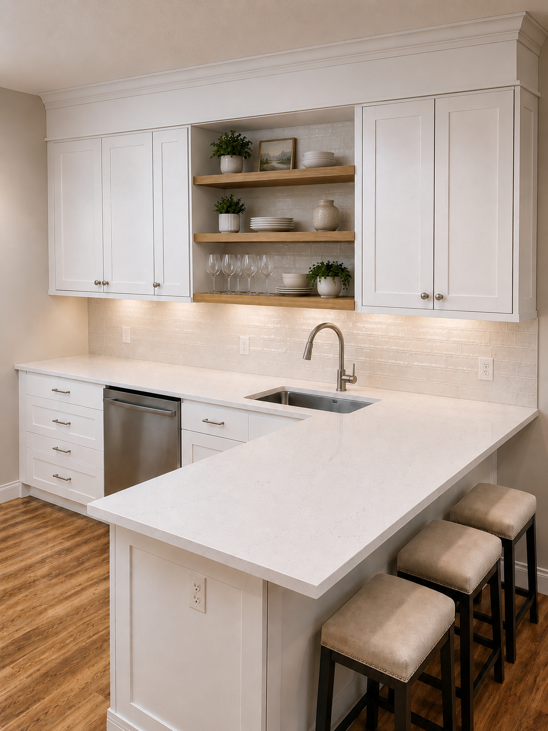 Bright modern kitchen with white cabinets, wood shelves, marble island, and four stools