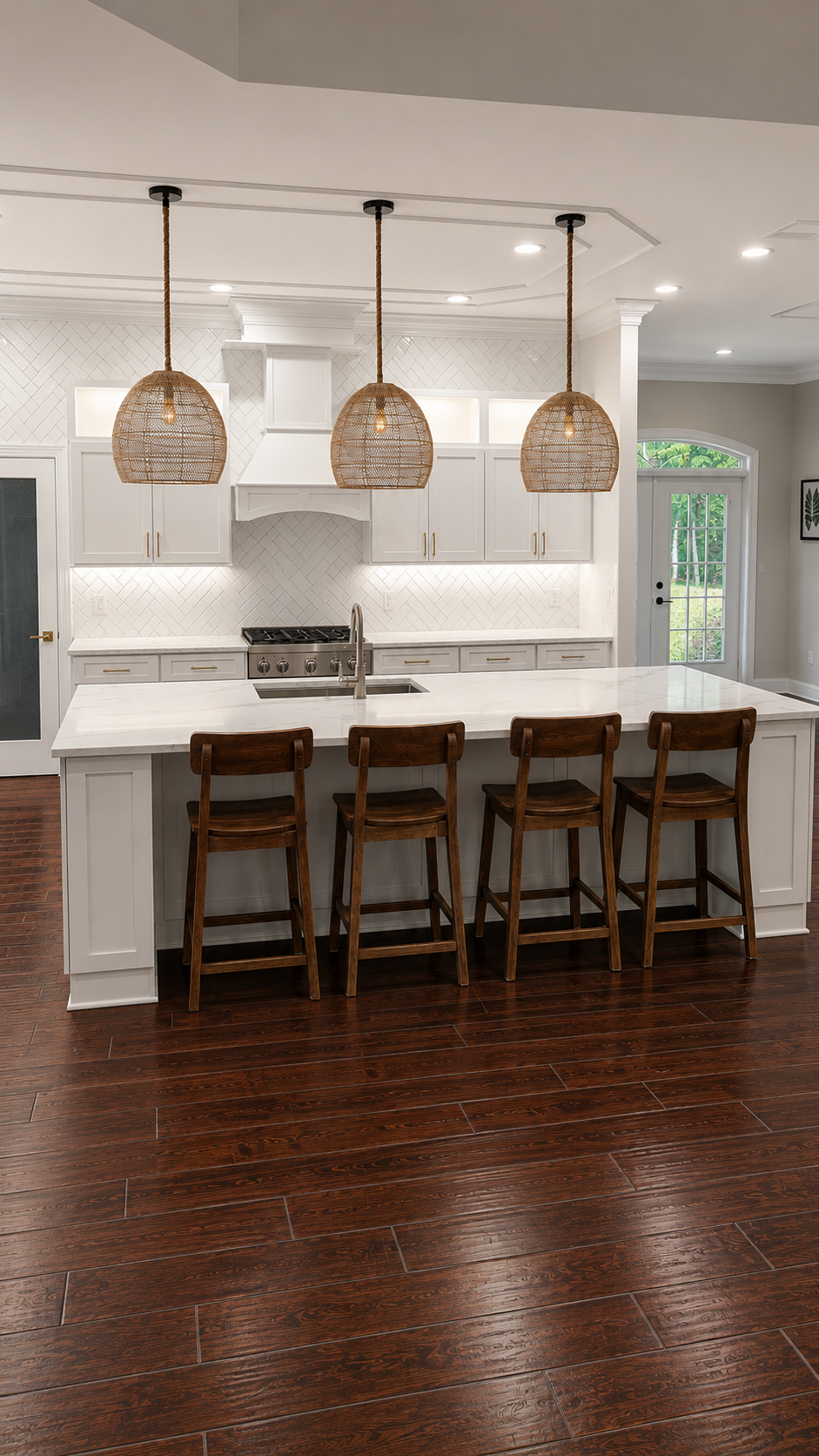 Bright kitchen with white island, wicker pendant lights, and wooden bar stools over dark hardwood floors