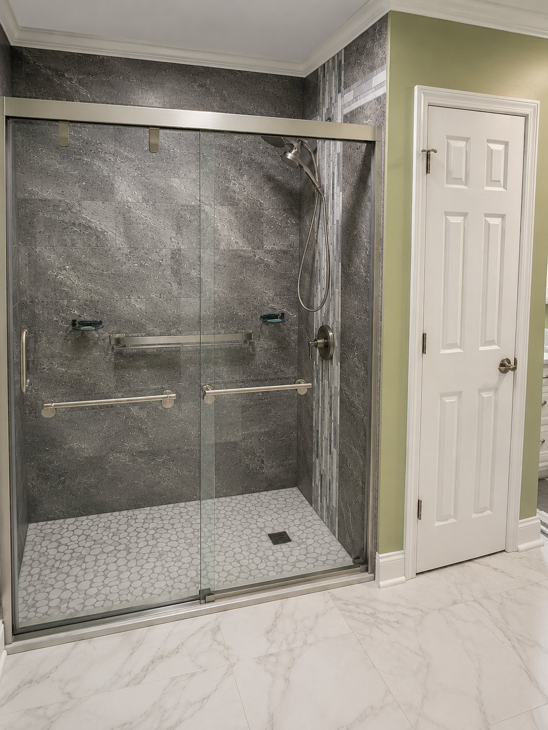 Glass walk-in shower with gray tiled walls and white marble-pattern floor beside a white door.
