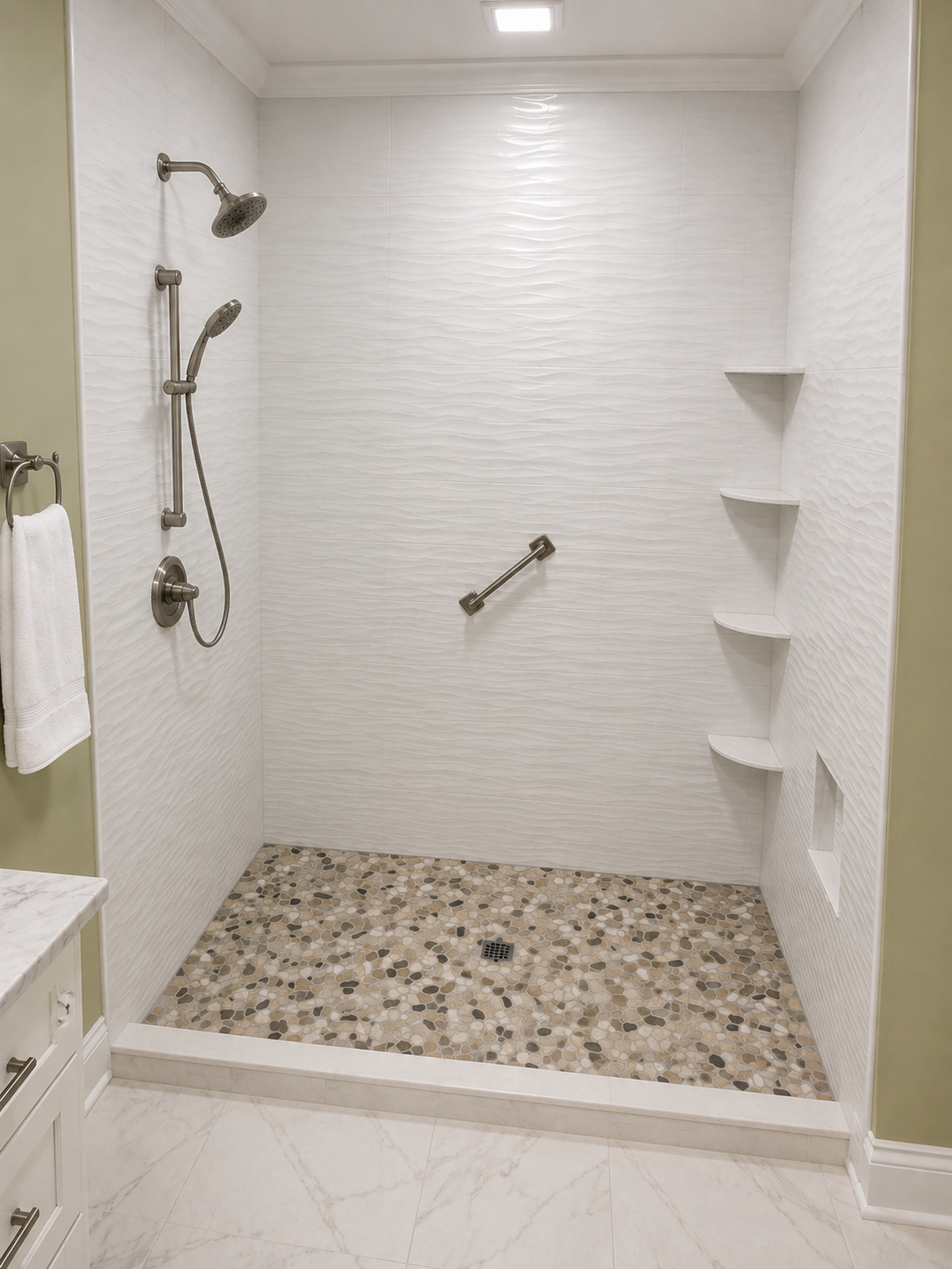 Walk-in shower with pebble floor, white tile walls, handheld shower, and corner shelves