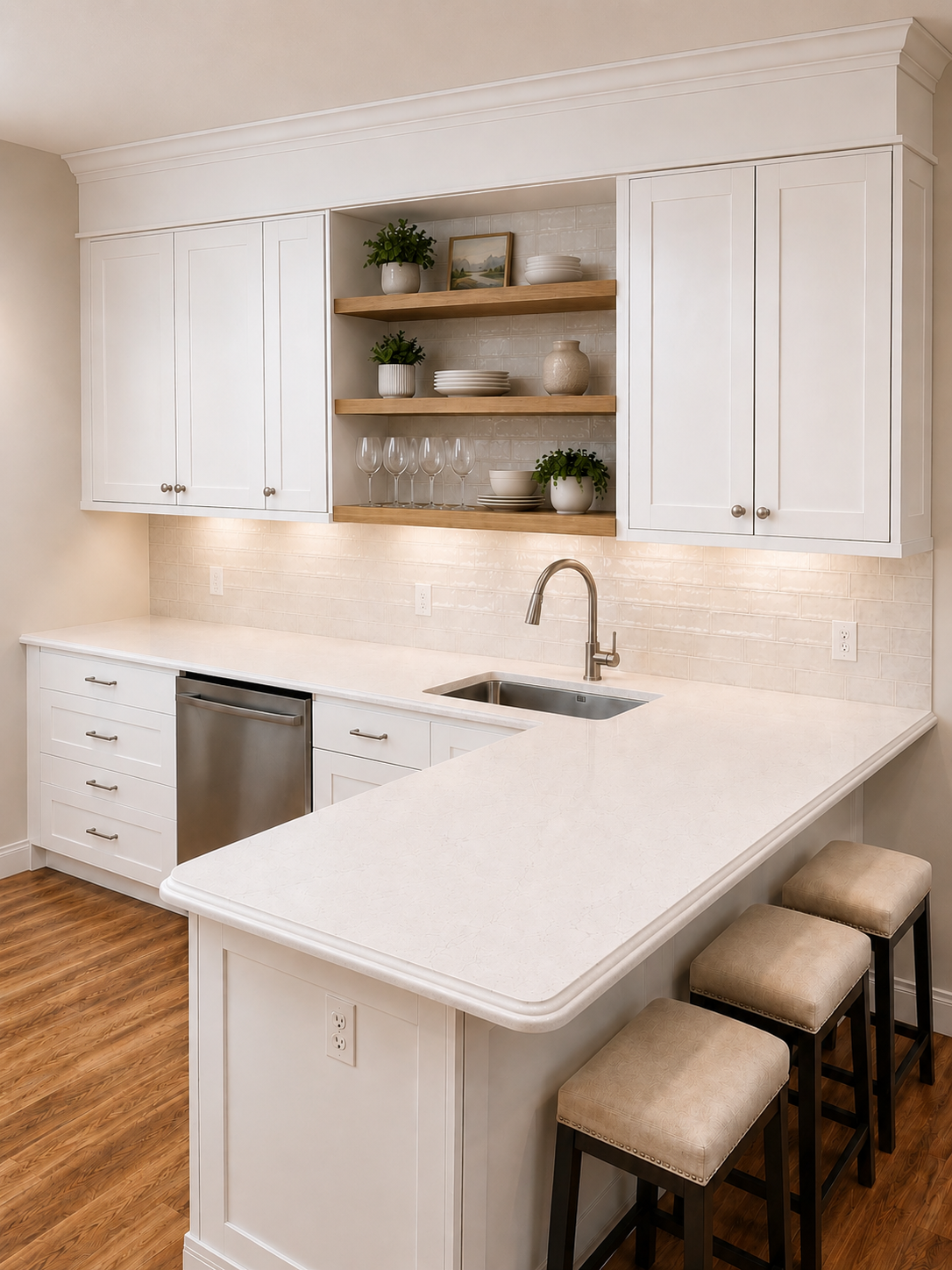 Bright white kitchen with peninsula, open shelves, sink, dishwasher, and three stools by hardwood floor.