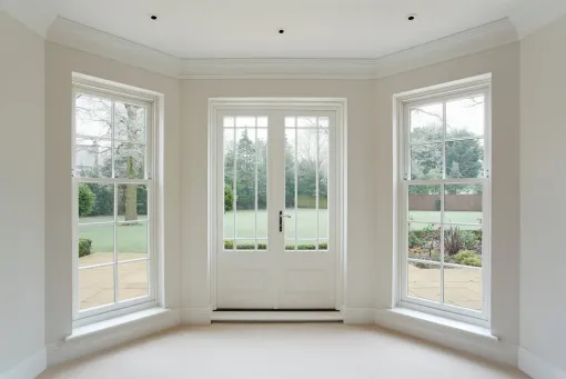 White room with three windows and a door overlooking a yard.