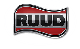 RUUD logo: Black text on a silver background, framed by red, inside a silver outline.