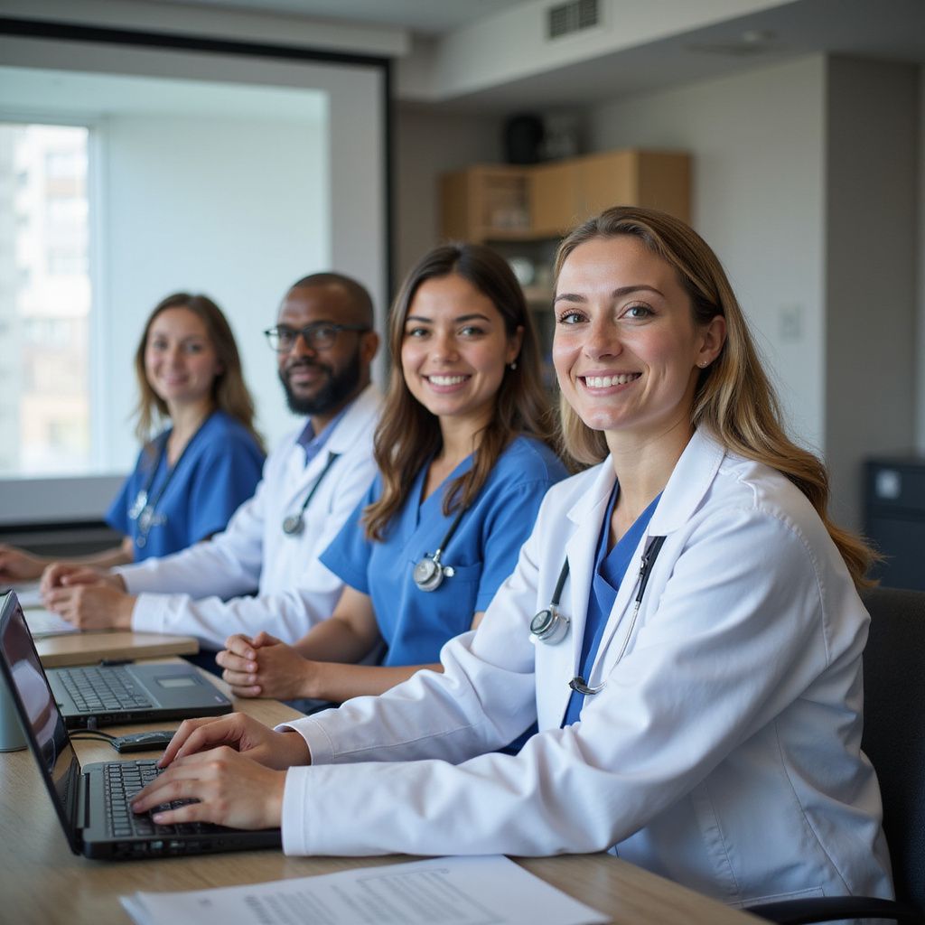 Medical professionals in white coats and scrubs seated at a table, smiling at the camera.