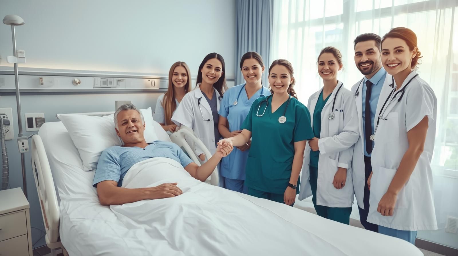 Hospital patient in bed smiles, holding hand of healthcare worker. Several medical staff pose nearby.