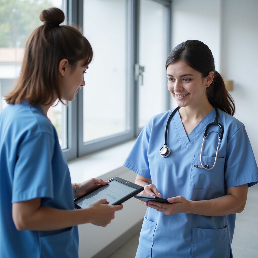 Two nurses in blue scrubs, one with a bun and the other with a ponytail, discussing information on tablets in a hallway with a window.