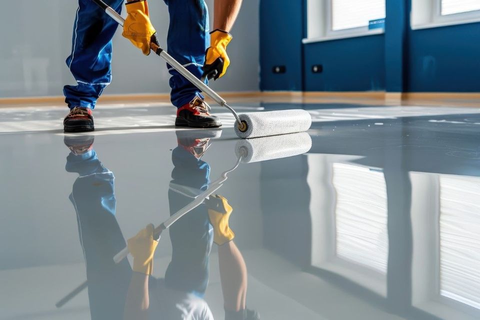 A man is painting a floor with a roller.