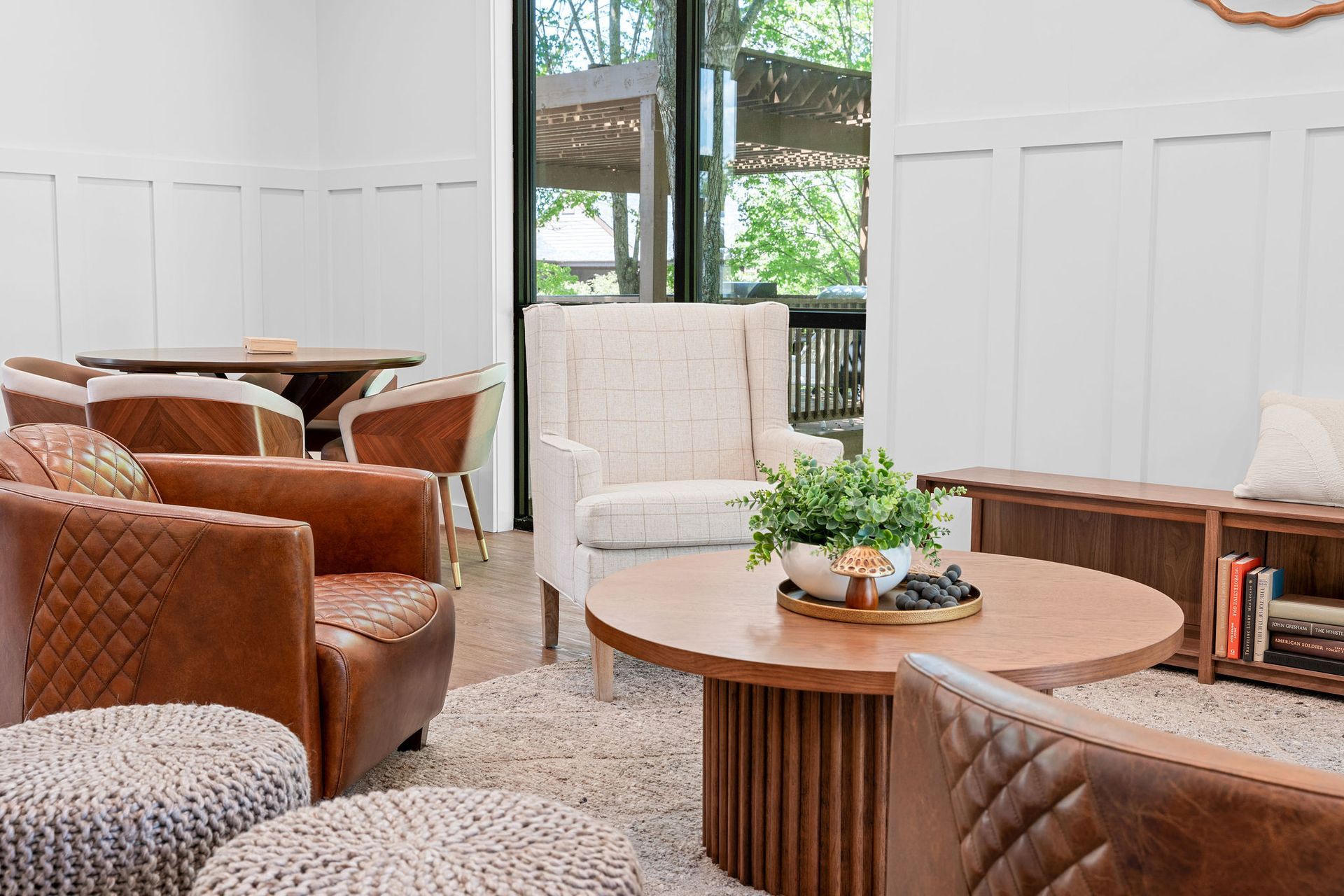 A living room filled with furniture and a coffee table.