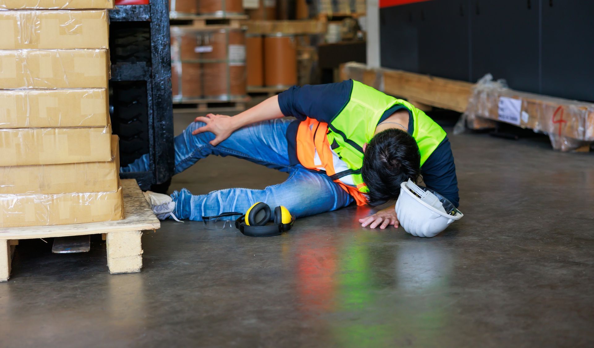 A man is laying on the floor in a warehouse after a fall.