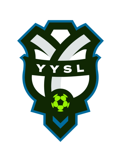 Y Y S L logo with white, black, green, and blue shield design and a small green soccer ball