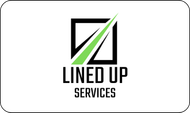 Lined Up Services logo with black text and a green diagonal stripe over a black square outline