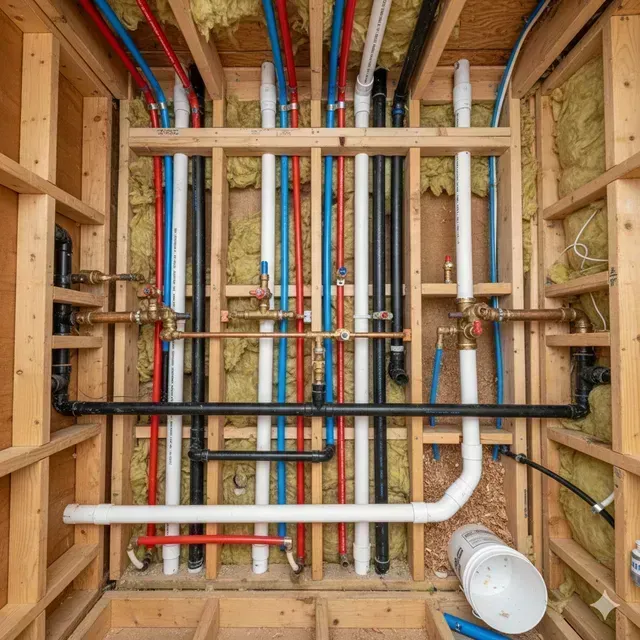 Plumbing pipes and fixtures within a wooden framed wall. Red, blue, white, and black pipes are visible.