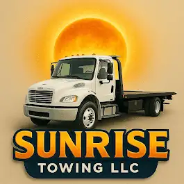 A white tow truck with "Sunrise Towing LLC" logo against a sunset background.