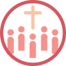 一个粉红色调的圆形图标，中心有一个十字架，上方有五个风格化的人形图案。