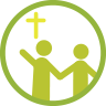绿色图标，显示两个手牵手的程式化人物，其中一个人物举起一只手臂指向上方的十字架。