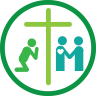 绿色圆形标志，图案包括十字架、跪地祈祷的人、以及两个手牵手的人，中间还有一个心形图标。