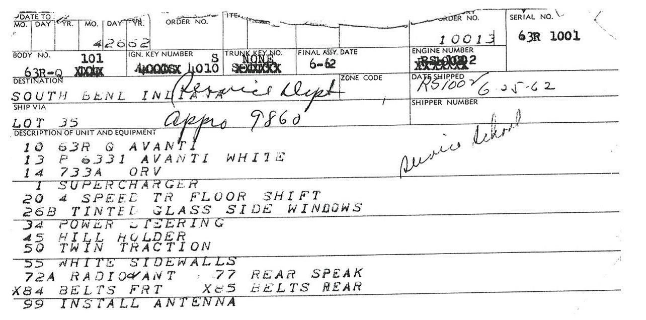 1963 Studebaker Avanti 1001 order sheet obtained from the Studebaker National Museum Archives
