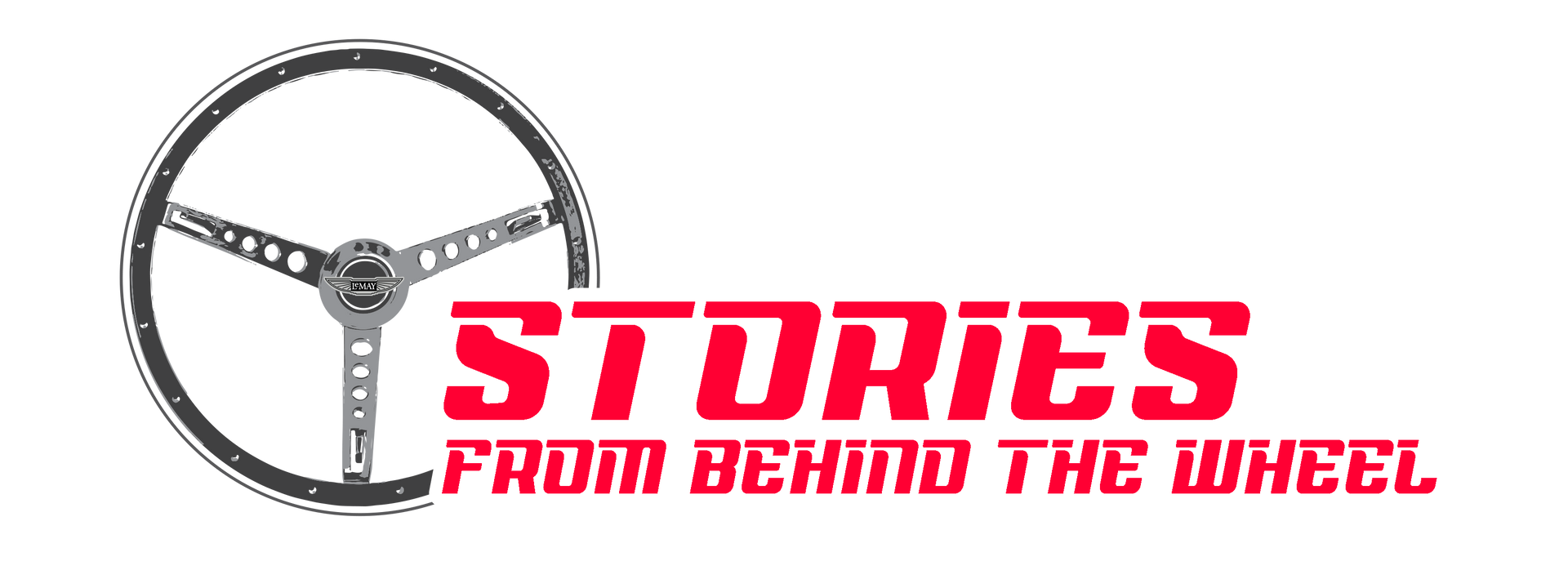 A logo for stories from behind the wheel with a steering wheel