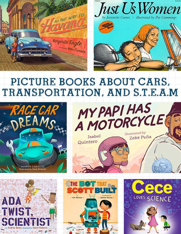 A collage of picture books about cars , transportation , and steam.