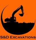Black silhouette of an excavator in a black crescent moon shape on orange background, "S&D Excavations" text.