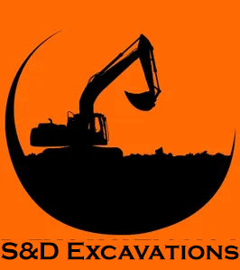 Black silhouette of an excavator in a black crescent moon shape on orange background, "S&D Excavations" text.