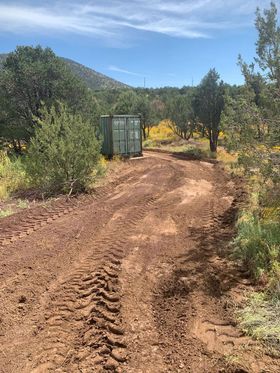 Dirt road with tire tracks leading to a green container in a clearing surrounded by trees and shrubs under a blue sky.