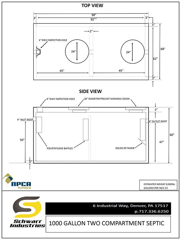 1000 Gallon Dual Compartment Septic