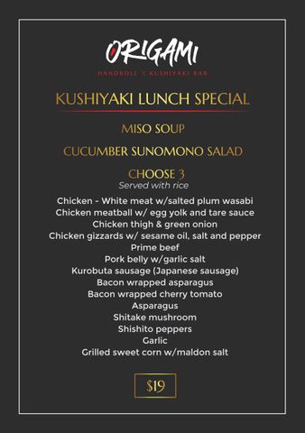 a black and gold origami lunch special menu