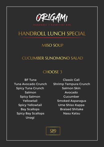 a black and gold origami lunch special menu