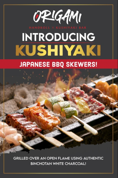 A poster for origami introducing kushiyaki japanese bbq skewers